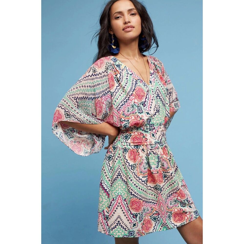 Maeve Siya Kimono Dress by Anthropologie Multi-Colored Boho/Hippie Size 12